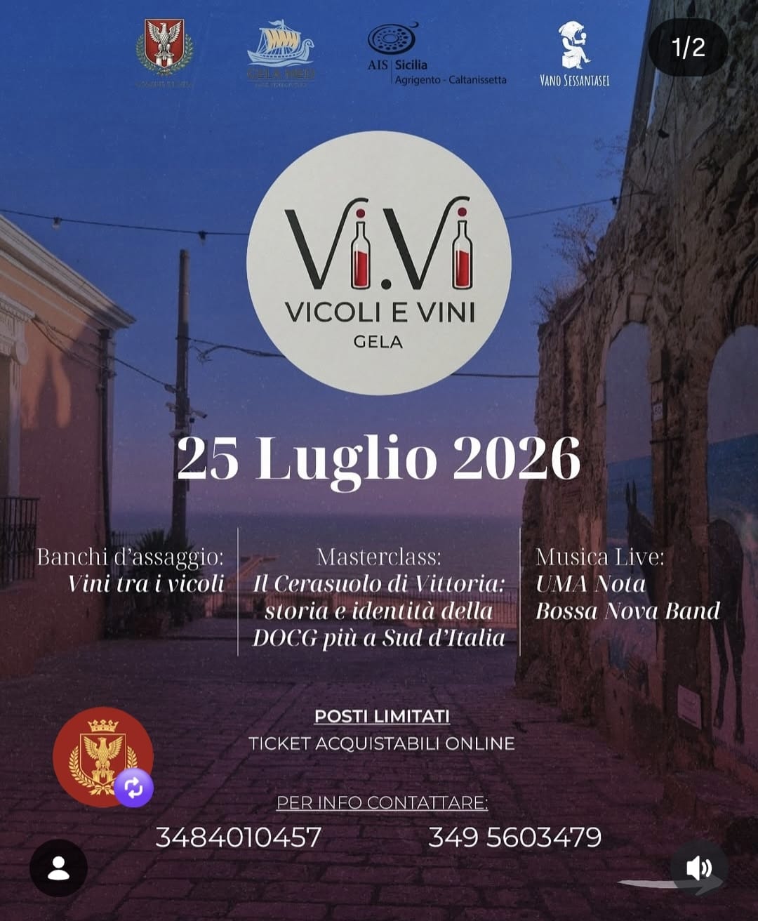 Poster for Vicoli e Vini, a wine event in Gela's historic centre