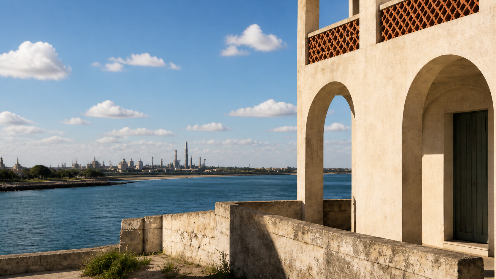 Limestone arches overlooking the sea and Gela's distant shoreline